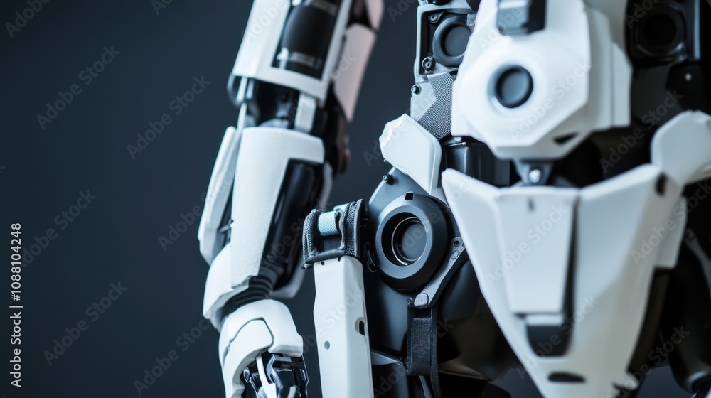 Poster A detailed view of a robotic exoskeleton's actuators and joint mechanisms assisting with mobility, Exoskeleton technology style, photo of