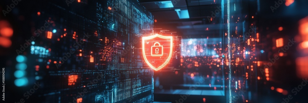 Poster A computer screen features a glowing shield and lock icon, emphasizing the importance of online security in modern technology. Generative AI
