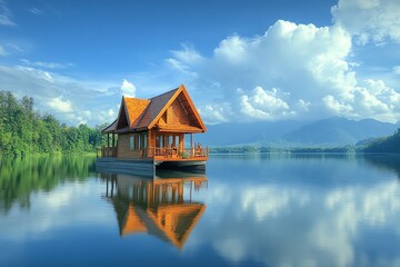 Obraz premium Calm lake scene with a wooden house floating on tranquil water, reflecting the sky and clouds.