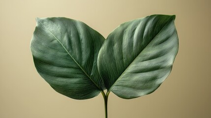 Two large green leaves with a smooth texture against a neutral background.