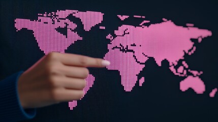 Global Reach: A hand points to Africa on a pink world map, symbolizing a global connection and the potential for growth and expansion across continents.