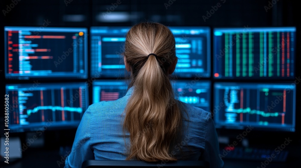 Poster cybersecurity analyst at work: a focused female programmer, her long blonde hair in a ponytail, sits
