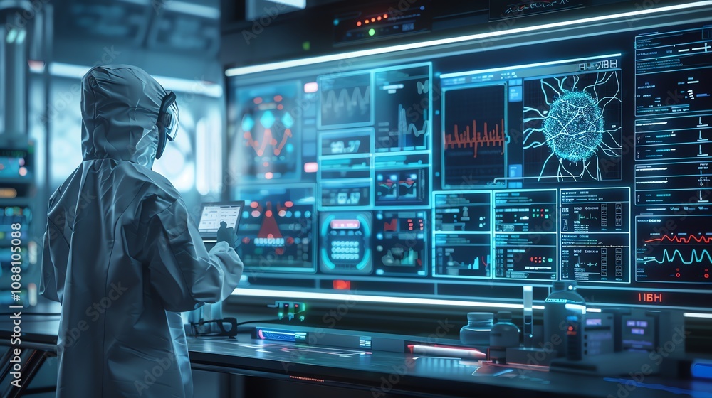Aufkleber scientist in hazmat suit reviews data on large digital display in modern laboratory.