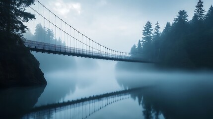 Fototapeta premium Misty suspension bridge spanning a serene lake, reflected in calm water.