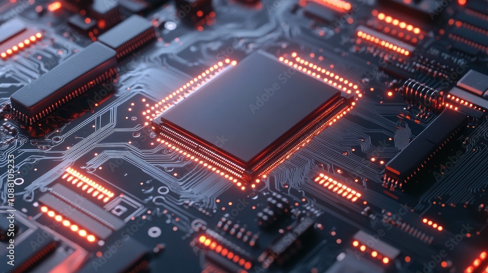 Poster close-up view of a modern circuit board with glowing components and intricate details, perfect for t
