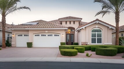 Modern Single-Story Suburban Home with Beige and Brown Exterior, Solar Panels, Two-Car Garage, and Desert-Style Landscaping in Las Vegas Nevada Under Clear Blue Sky
