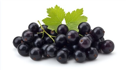 Fototapeta premium A bunch of black berries with a leaf on top. The berries are small and round. The leaf is green and attached to the berries