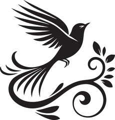 A bird mid flight with wings wide open perched above a curvy branch