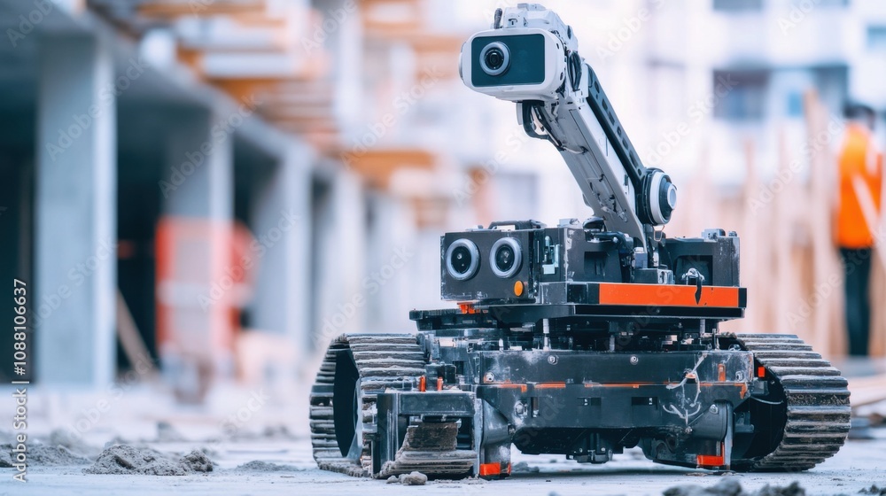 Poster A futuristic AI-driven autonomous construction robot, clean building site with advanced robotics for automated construction tasks and precision building techniques, Construction style