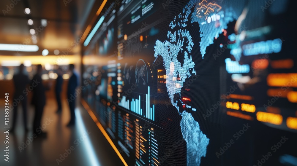 Poster a modern data visualization wall displays a world map with digital metrics, highlighting a tech-savv