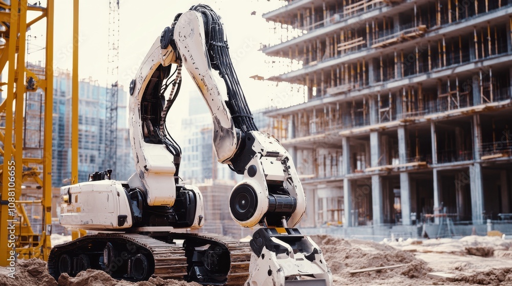 Poster A futuristic AI-driven autonomous construction robot, clean building site with advanced robotics for automated construction tasks and precision building techniques, Construction style