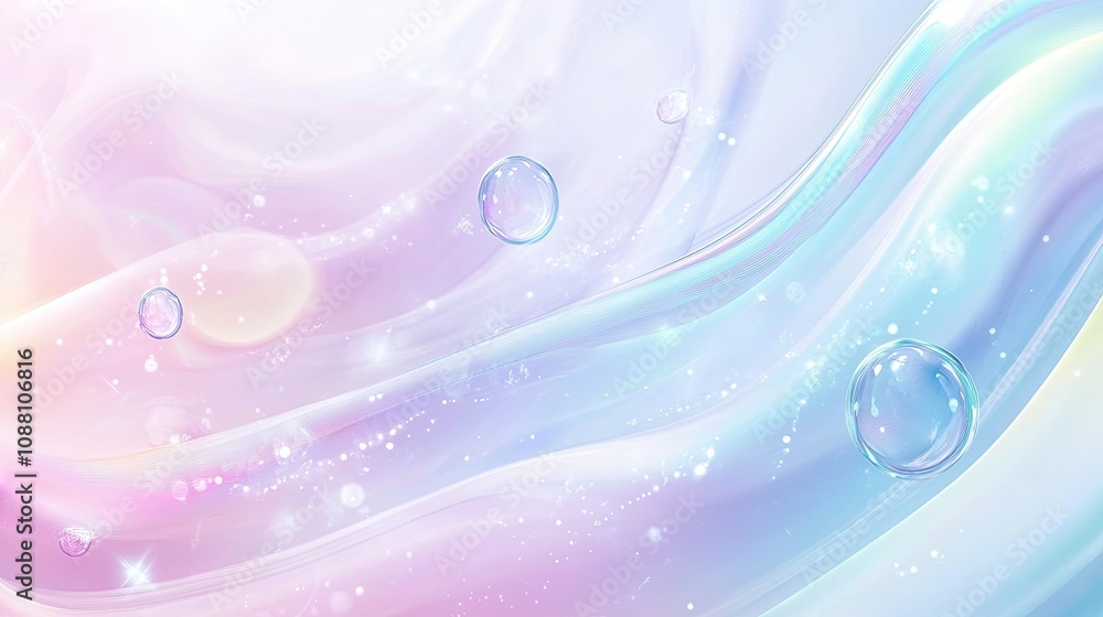 Poster ethereal pastel background with soft waves, bubble accents, and sparkling lights for use in creative