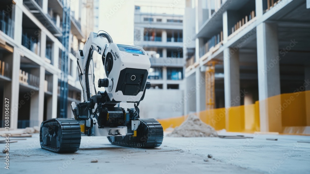 Aufkleber A futuristic AI-driven autonomous construction robot, clean building site with advanced robotics for automated construction tasks and precision building techniques, Construction style