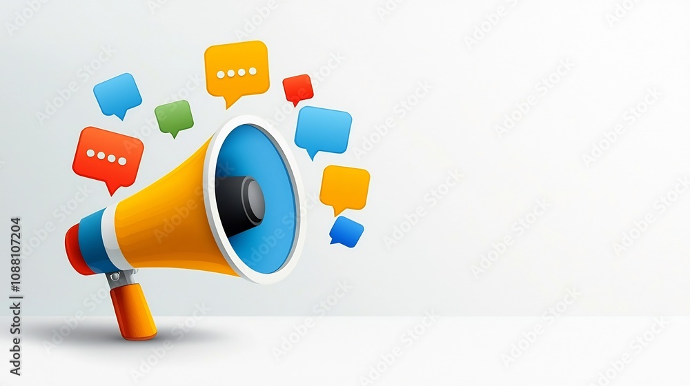 Leinwandbilder vibrant and colorful megaphone icon with bright speech bubbles floating against a simple background 