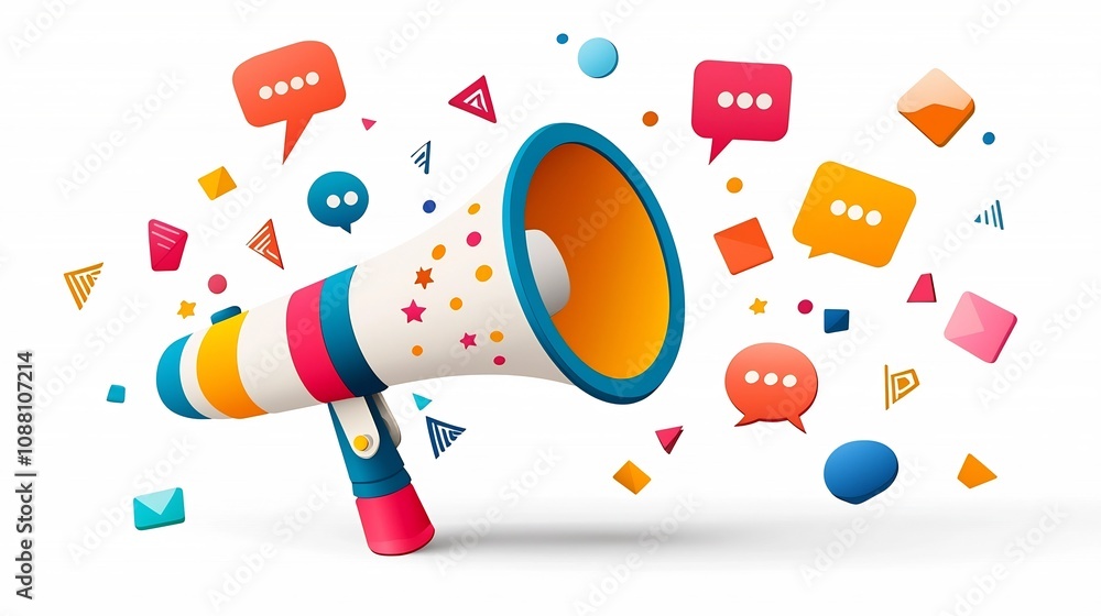 Poster colorful megaphone with bright speech bubbles floating against a simple background symbolizing adver