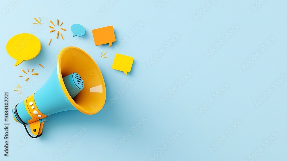 Poster colorful megaphone with bright speech bubbles floating against a simple background symbolizing adver
