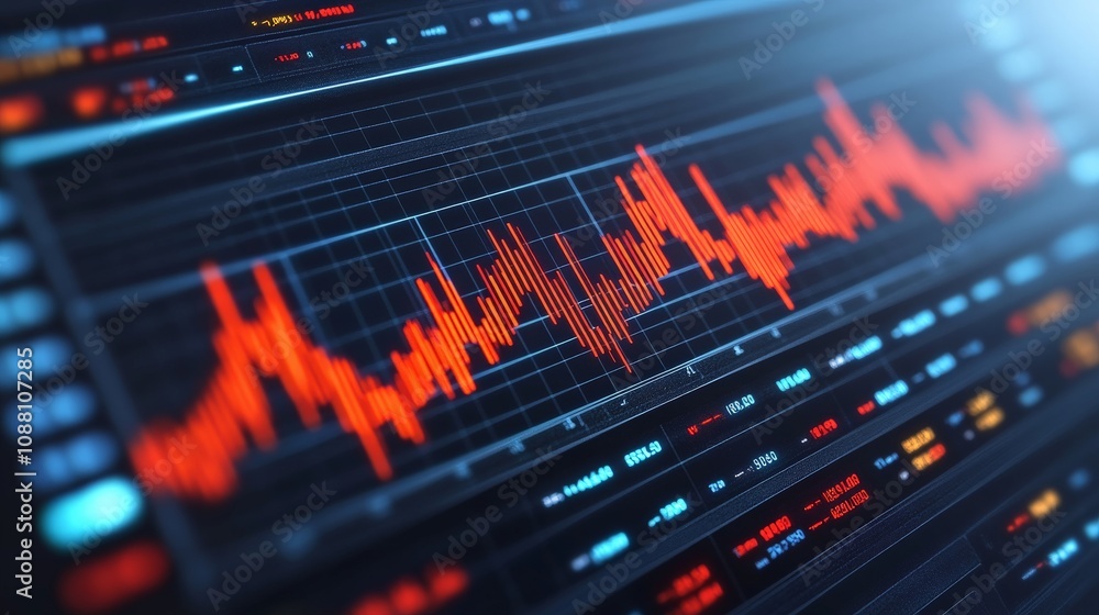 Poster red alert: stock market crash. a dramatic close-up of a digital screen displaying a sharp, downward 