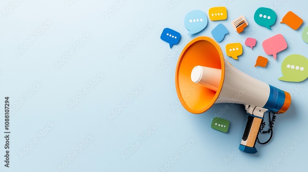 Aufkleber vibrant and bold megaphone icon with colorful speech bubbles against a clean background representing