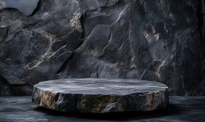 Round Dolomite Pedestal Against Textured Dark Flint Rock Wall with Copy Space