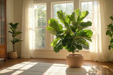 Fototapeta premium A large fiddle leaf fig plant in a pot sits in the corner of a room with sunlight streaming in through the windows.