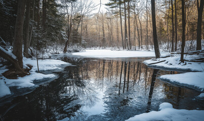 Obraz premium Sleek Ice Expanse: Silent Forest Pond and Chilling Woodland Scene with Wide Expanse