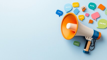 Vibrant and bold megaphone icon with colorful speech bubbles against a clean background representing the concepts of social media digital marketing advertising and effective communication