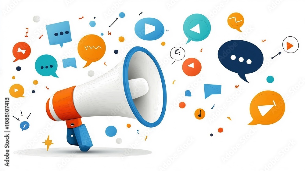 Aufkleber Vibrant and dynamic showcasing a megaphone surrounded by bold colorful speech bubbles capturing the essence of social media messaging and advertising campaigns  This creative