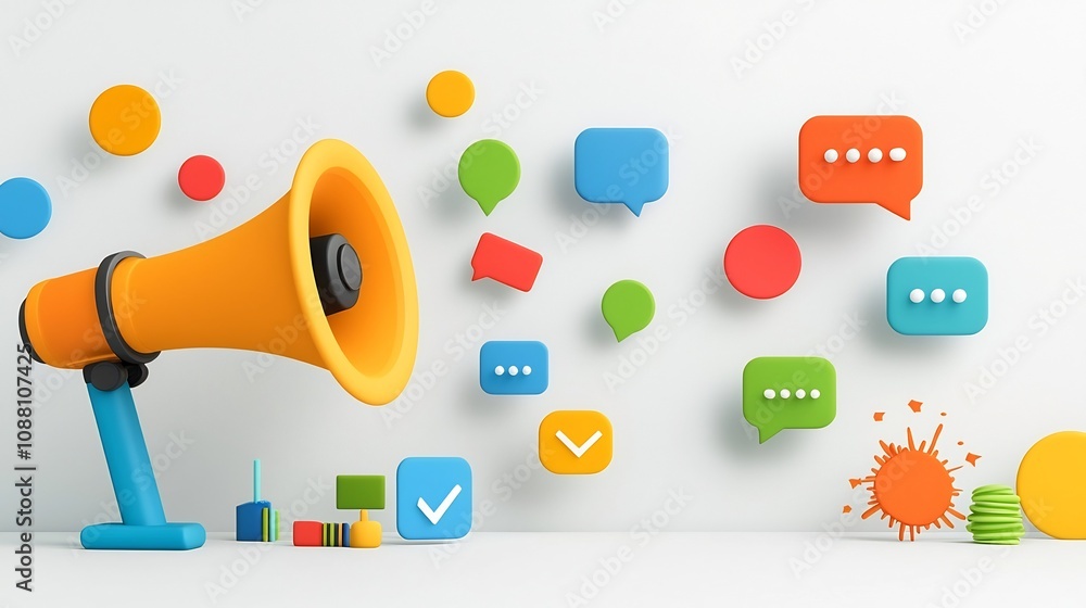 Poster vibrant megaphone and floating colorful speech bubbles on a simple background representing the power