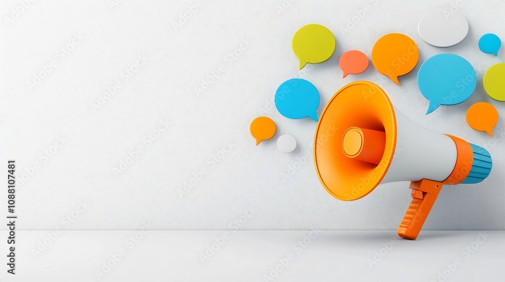 Aufkleber Vibrant megaphone and floating colorful speech bubbles on a simple background representing the powerful concept of digital marketing and communication in a