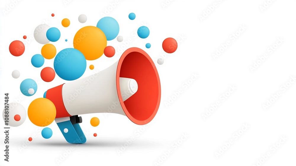 Poster vibrant and minimalist of a megaphone surrounded by floating colorful bubbles on a clean background 