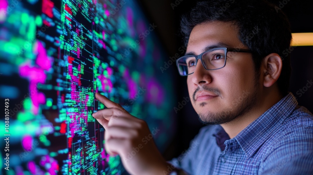 Poster data driven decisions: a focused young man in a blue shirt and glasses scrutinizes a digital display