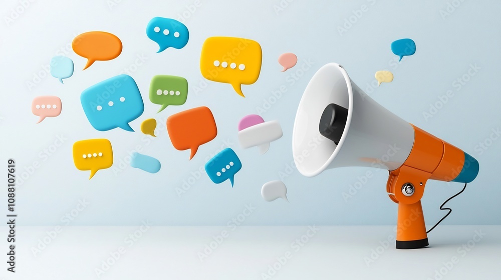 Poster vibrant speech bubbles in bold colors dynamically floating out from an attention grabbing megaphone 