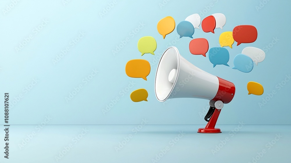Poster vibrant and bold colorful speech bubbles floating out of a megaphone against a clean background crea