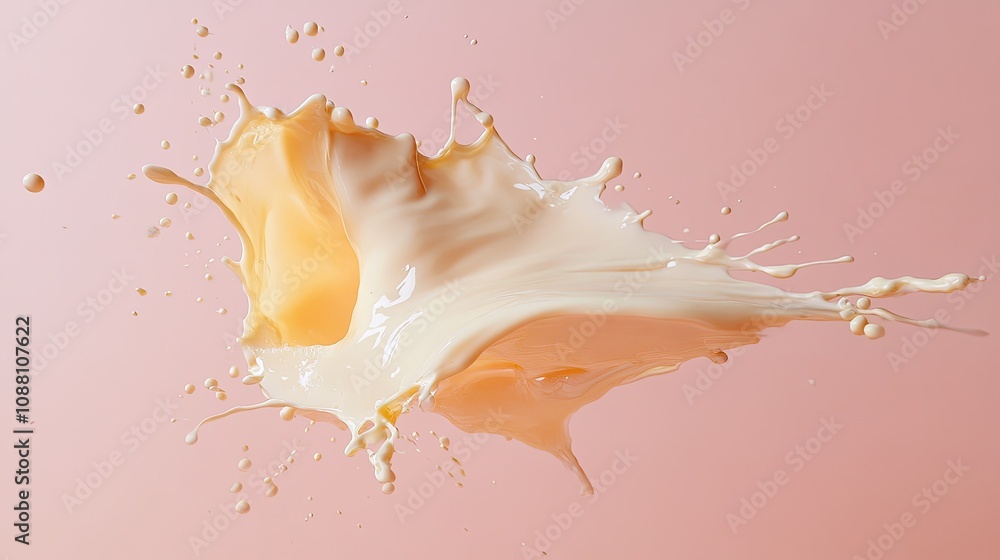 Poster high-speed capture of creamy milk splashing against a soft pink background showcasing dynamic moveme