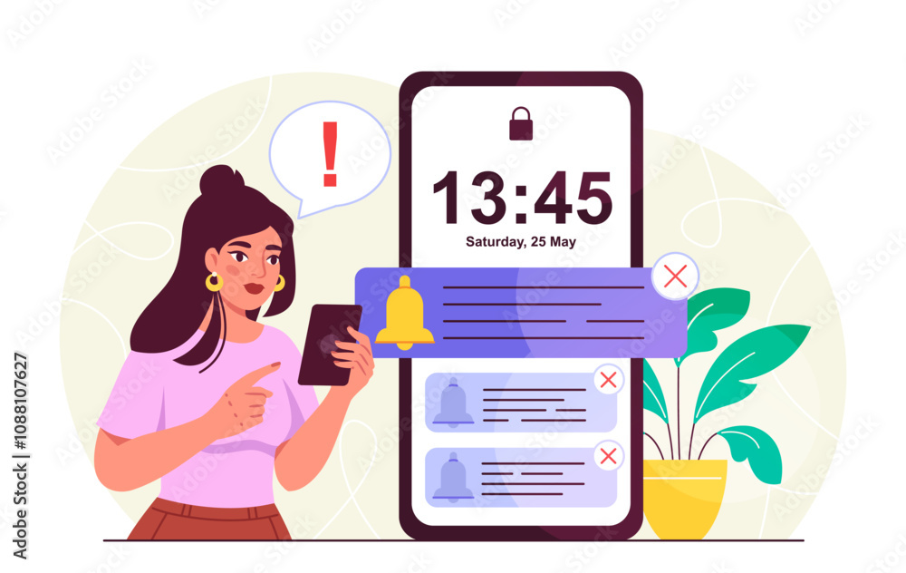 Poster woman with push notifications. young girl with smartphone reading messages. alarm and notification. 