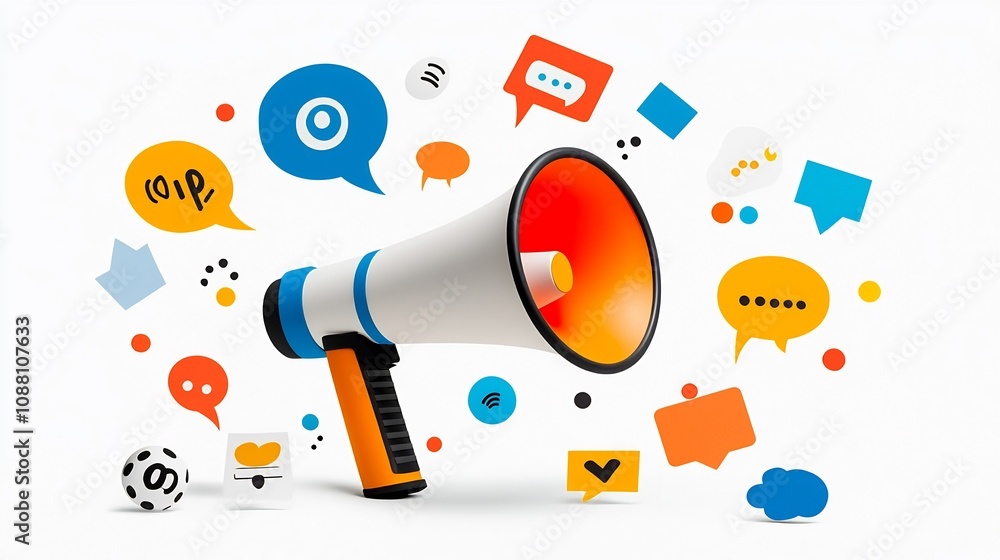 Aufkleber vibrant megaphone icon with bold speech bubbles in various colors representing the concept of digita