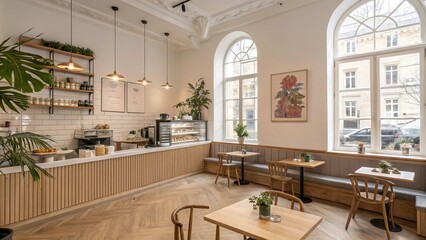 Cozy urban cafe interior design with natural light and elegant decor