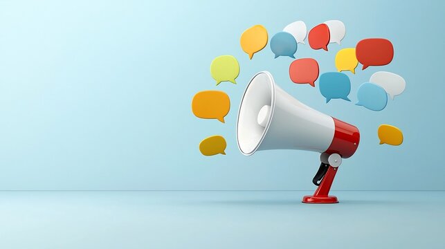 Vibrant and bold colorful speech bubbles floating out of a megaphone against a clean background creating an eye catching visual for advertising social media and various messaging applications - Powered by Adobe