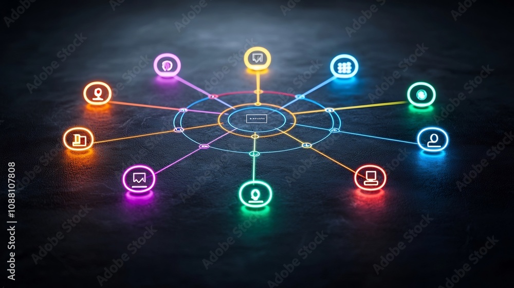 Poster Vibrant neon network of interconnected game pieces in bright colors linked by glowing lines on a sleek dark glossy background representing the concept of and digital technology