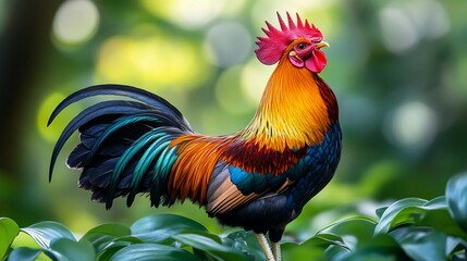 Fototapeta premium Vibrant rooster in lush foliage.