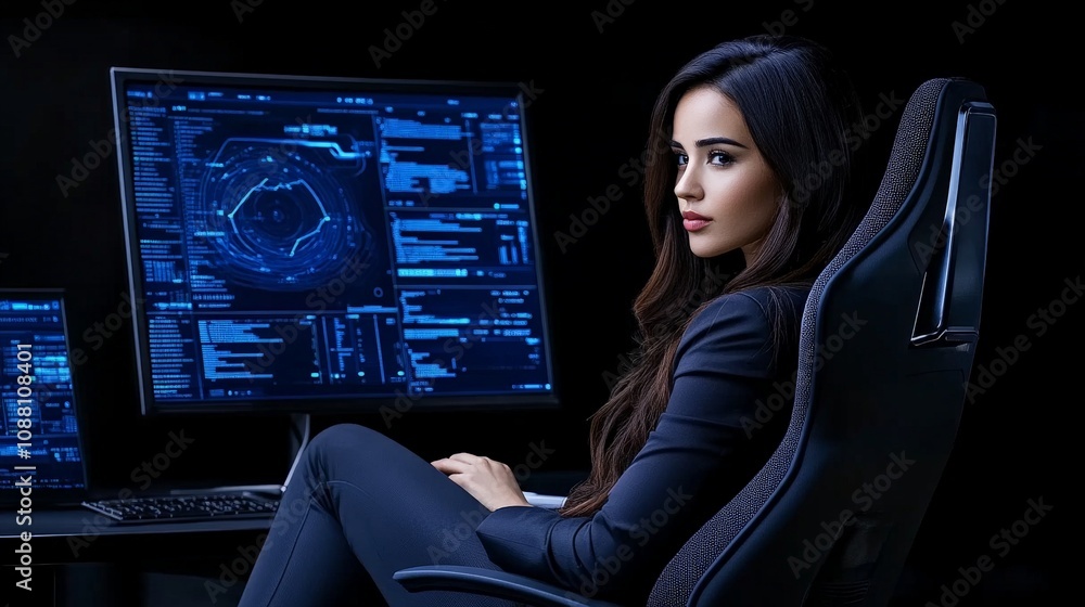 Poster cybersecurity specialist: focused female programmer working late at night, intense gaze on futuristi