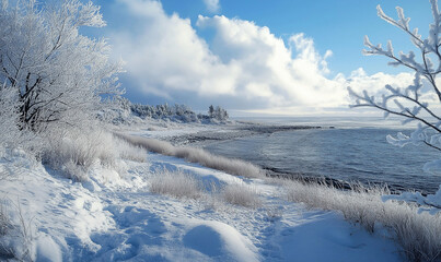 Clear Ice Scene: Frost-Bound Coastal Inlet with Snowy Coastline and Space for Text