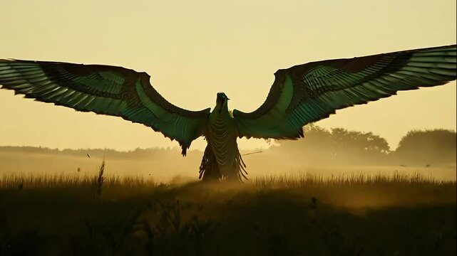 A magnificent griffin stands in a field at dawn, its wings outstretched.