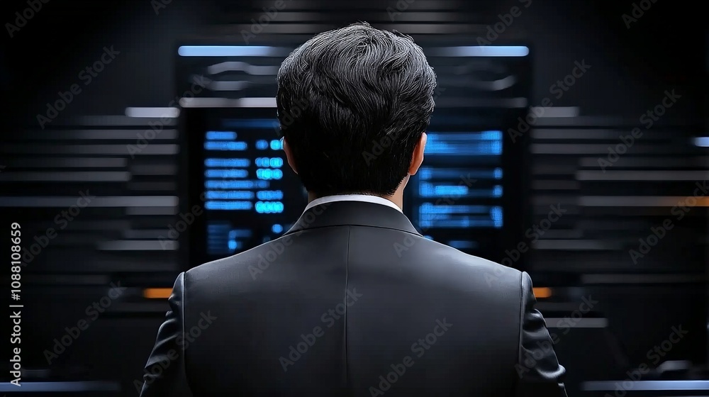 Poster cybersecurity specialist: a lone figure, viewed from behind, sits before a complex array of computer