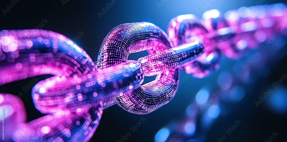 Poster Close-up of a glowing, linked chain, symbolizing connection, security, or blockchain technology.