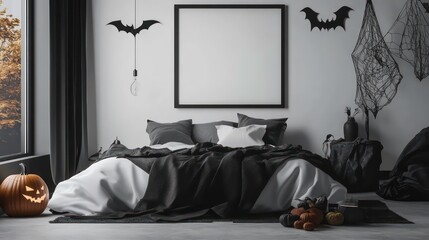 A modern bedroom decorated for Halloween with a black and white color scheme, featuring a large bed, a framed picture, and a jack-o'-lantern.