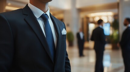 A well-dressed man in a suit stands confidently in a luxurious hotel lobby, surrounded by other professionally attired individuals in a corporate setting.