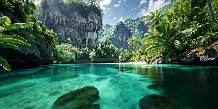 Serene tropical island with a crystal-clear lagoon, 4K . Video