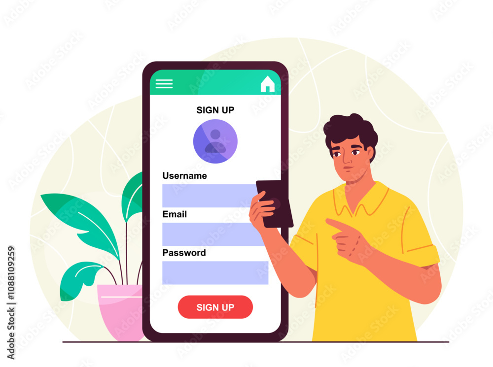 Aufkleber man with website registration. young guy with smartphone enters login and password. security in soci