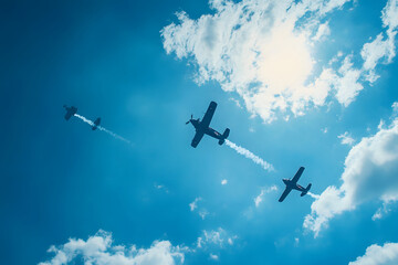 青空を飛行するプロペラ機の編隊飛行、戦闘機